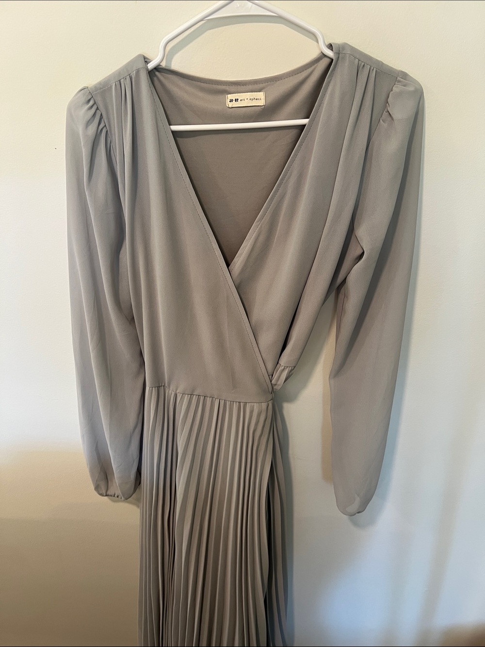 Light Gray Pleated Wrap Long-Sleeve Midi Dress